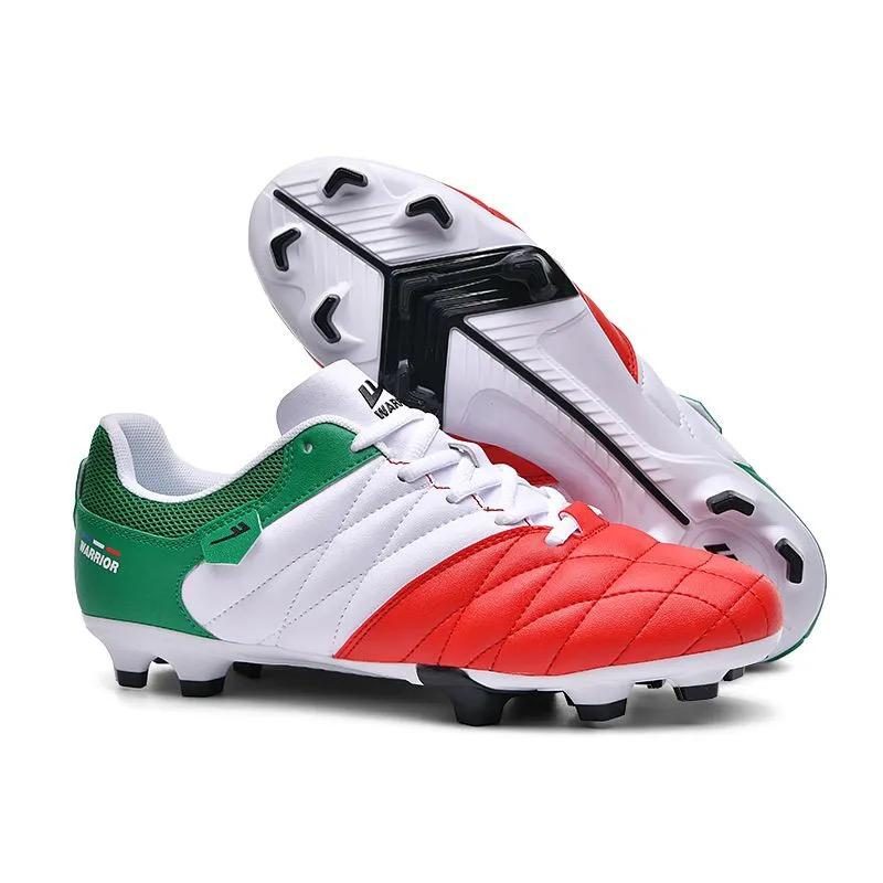 Red, white and green football boots
