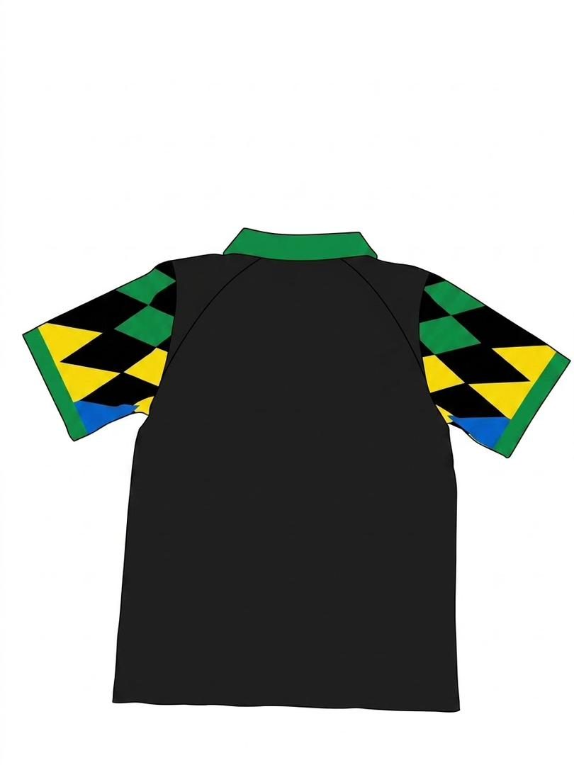 Black jersey with green and yellow diamond pattern, back