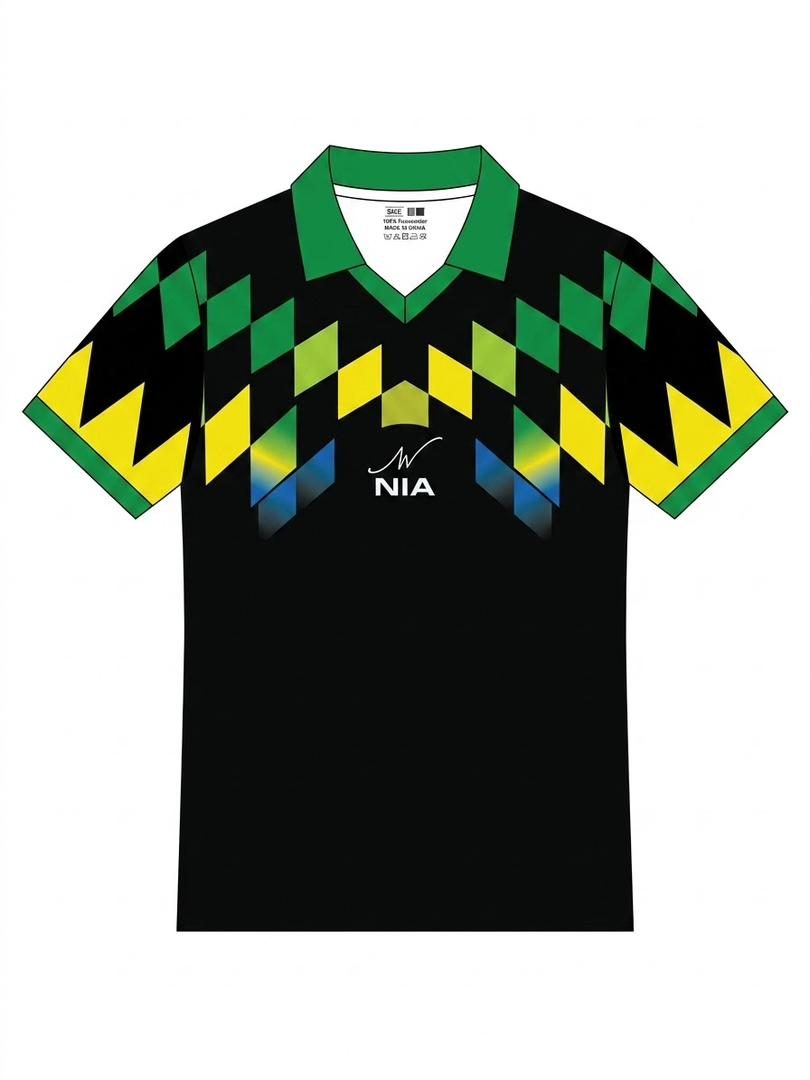 Black jersey with green and yellow diamond pattern, front