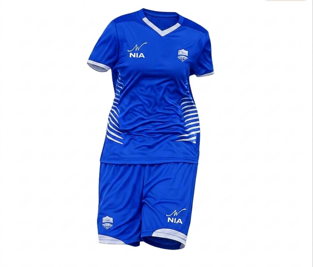Royal blue custom kit with white chevron pattern, jersey and shorts